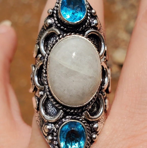 New Rainbow Moonstone & Blue Topaz 925 Silver Statement Ring. - Picture 14 of 15